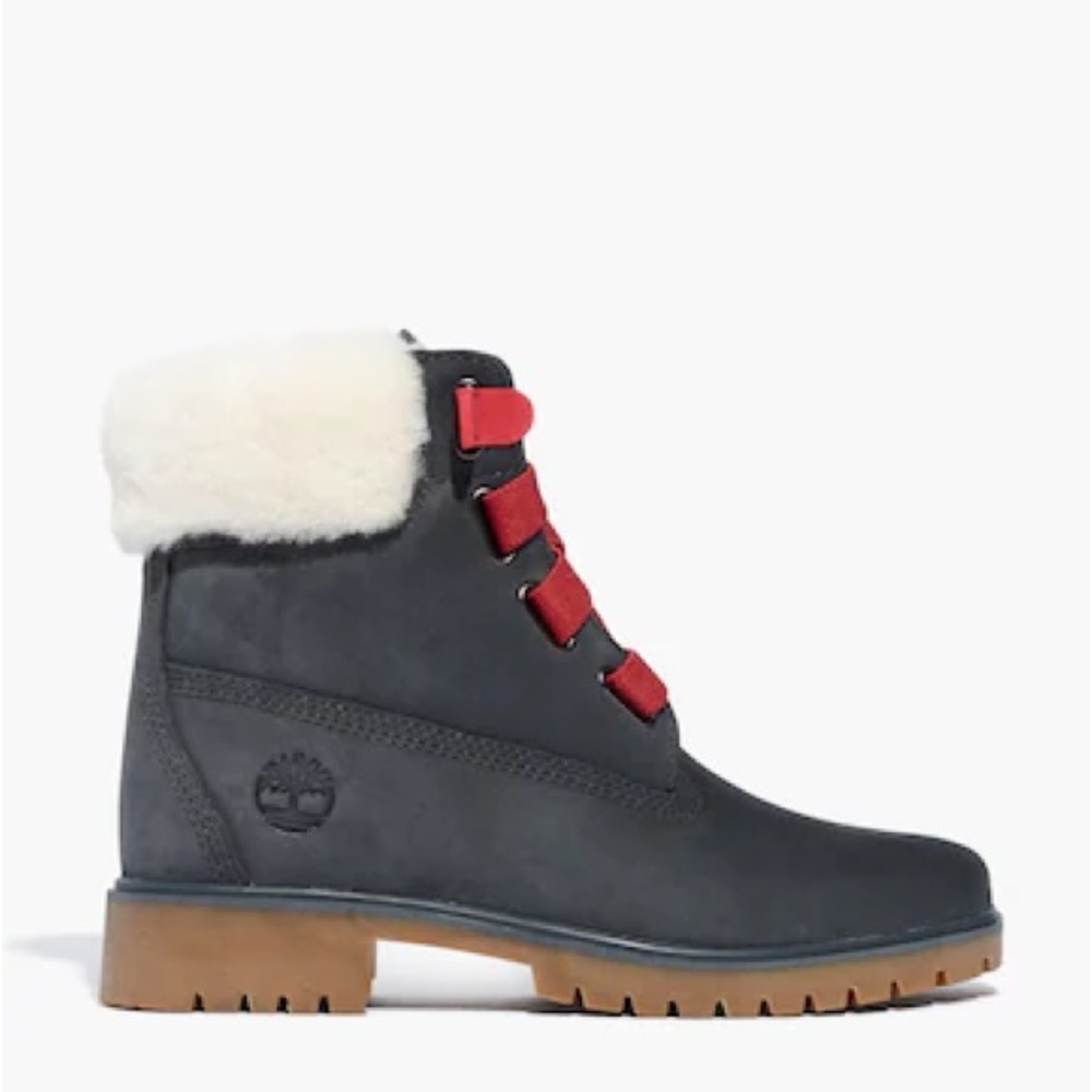 Timberland Teddy Fleece Waterproof Grey Red Lace Fold Down Boots Women’s 8